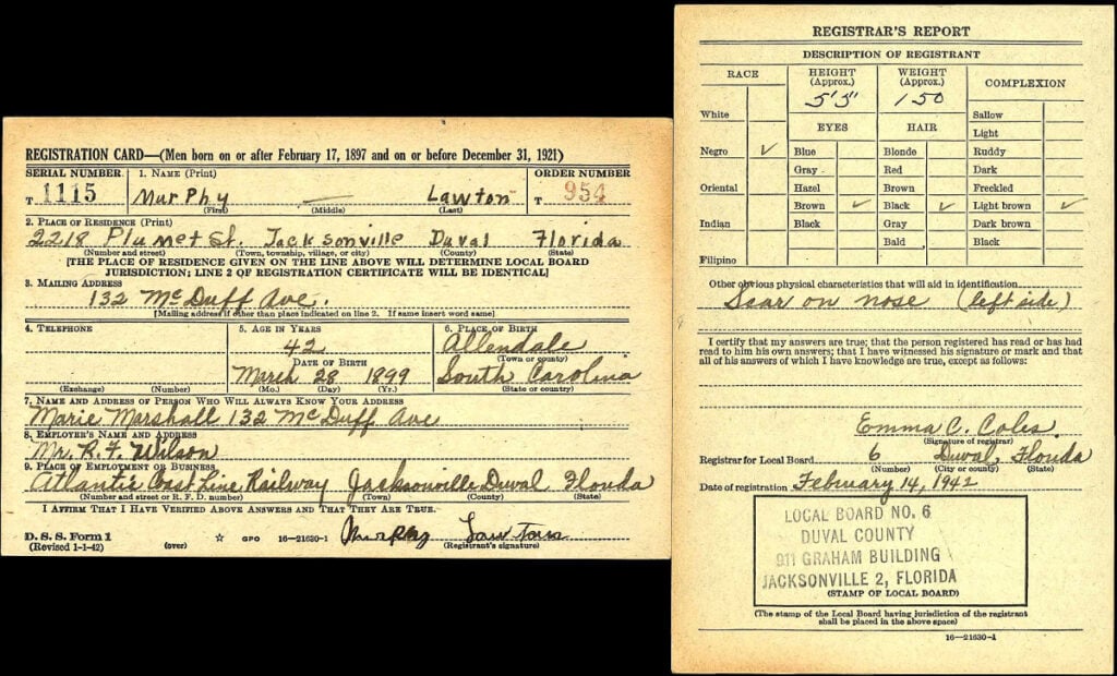 Murphey Lawton World War II Draft Registration, Duval, FL