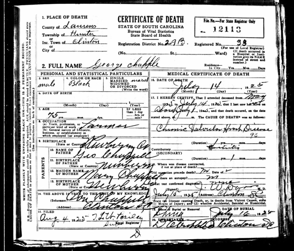 George Chapple Death Certificate