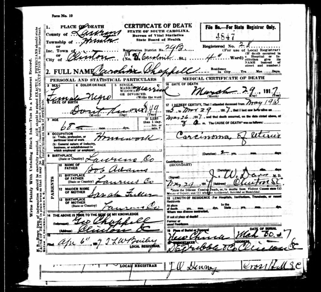 Caroline Chappell Death Certificate